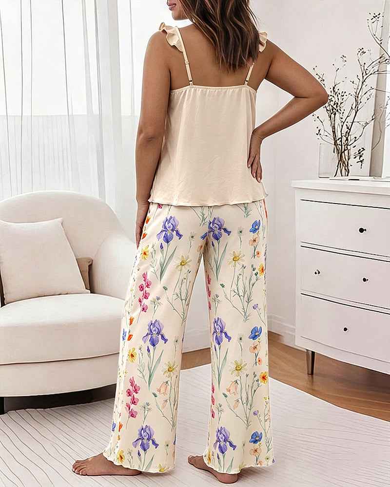 Floral Wide Leg Cami Pajama Set | Ruffle Trim & Comfortable Fit - Jamota