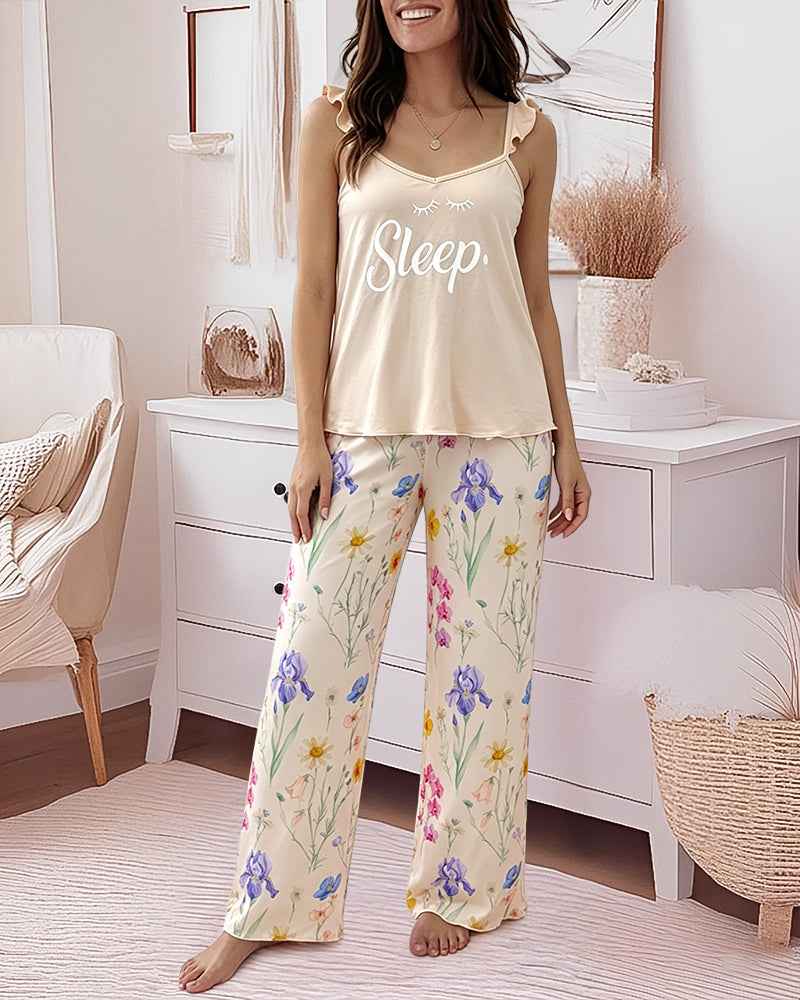Floral Wide Leg Cami Pajama Set | Ruffle Trim & Comfortable Fit - Jamota