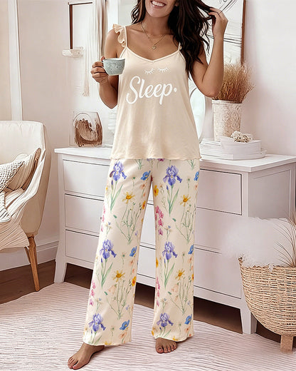 Floral Wide Leg Cami Pajama Set | Ruffle Trim & Comfortable Fit - Jamota
