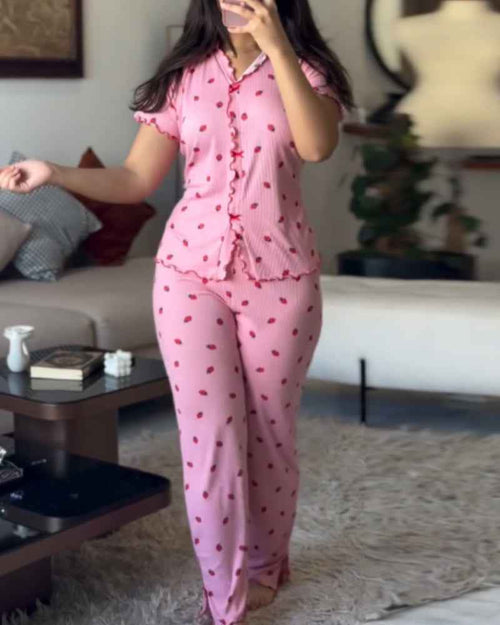 Cozy Strawberry Print Pajama Set with Stand Collar for Women - Jamota