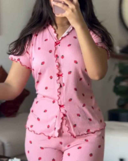 Cozy Strawberry Print Pajama Set with Stand Collar for Women - Jamota