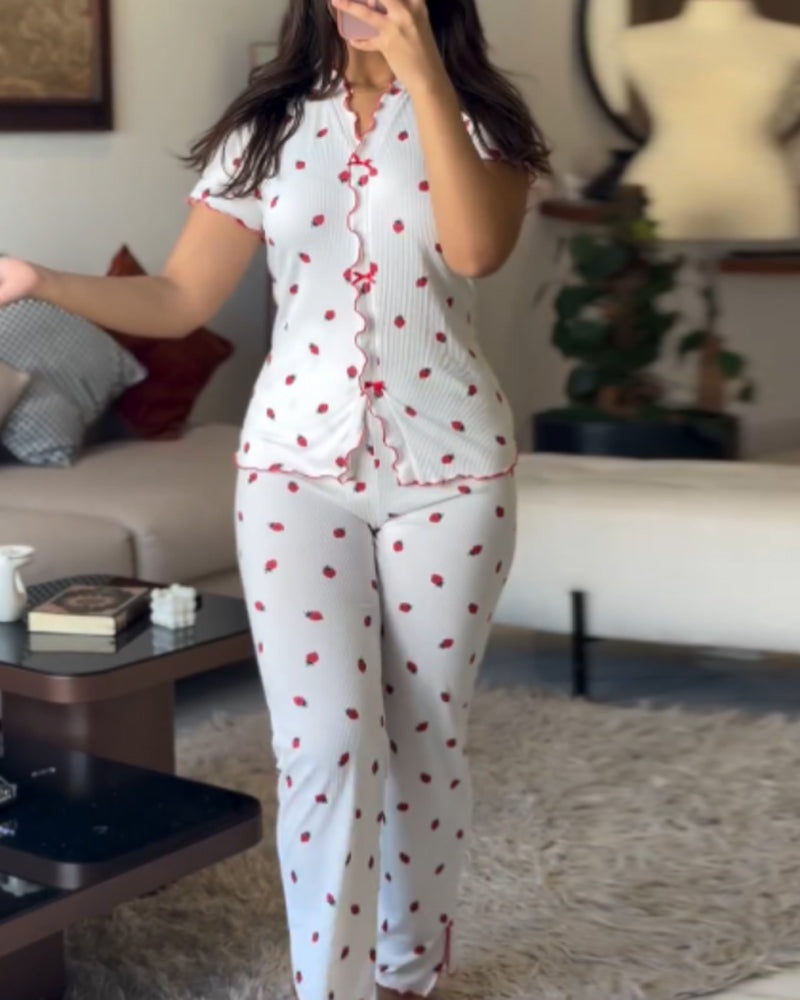 Cozy Strawberry Print Pajama Set with Stand Collar for Women - Jamota