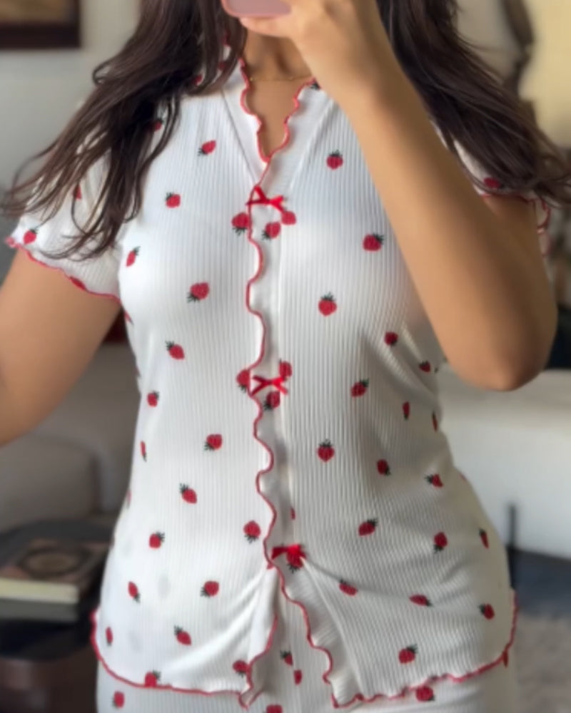 Cozy Strawberry Print Pajama Set with Stand Collar for Women - Jamota
