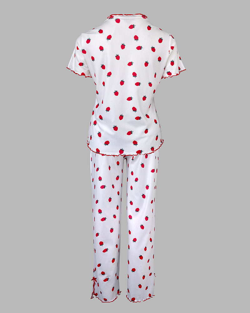 Cozy Strawberry Print Pajama Set with Stand Collar for Women - Jamota