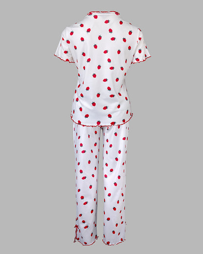 Cozy Strawberry Print Pajama Set with Stand Collar for Women - Jamota
