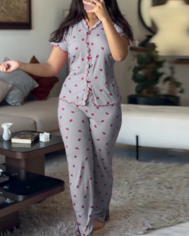 Cozy Strawberry Print Pajama Set with Stand Collar for Women - Jamota