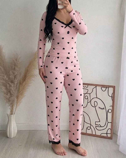 Women's Heart Print Lounge Set with Lace Trim | Cozy Home Comfort - Jamota