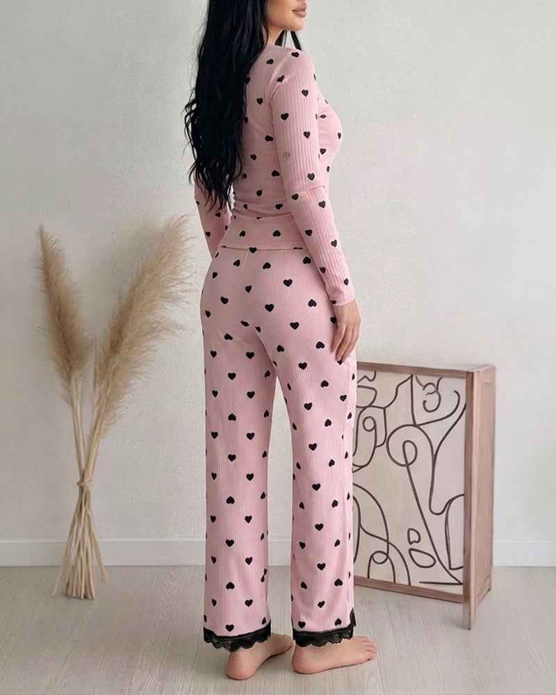 Women's Heart Print Lounge Set with Lace Trim | Cozy Home Comfort - Jamota