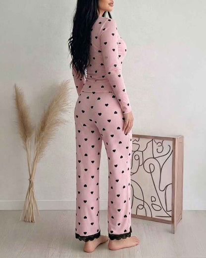 Women's Heart Print Lounge Set with Lace Trim | Cozy Home Comfort - Jamota