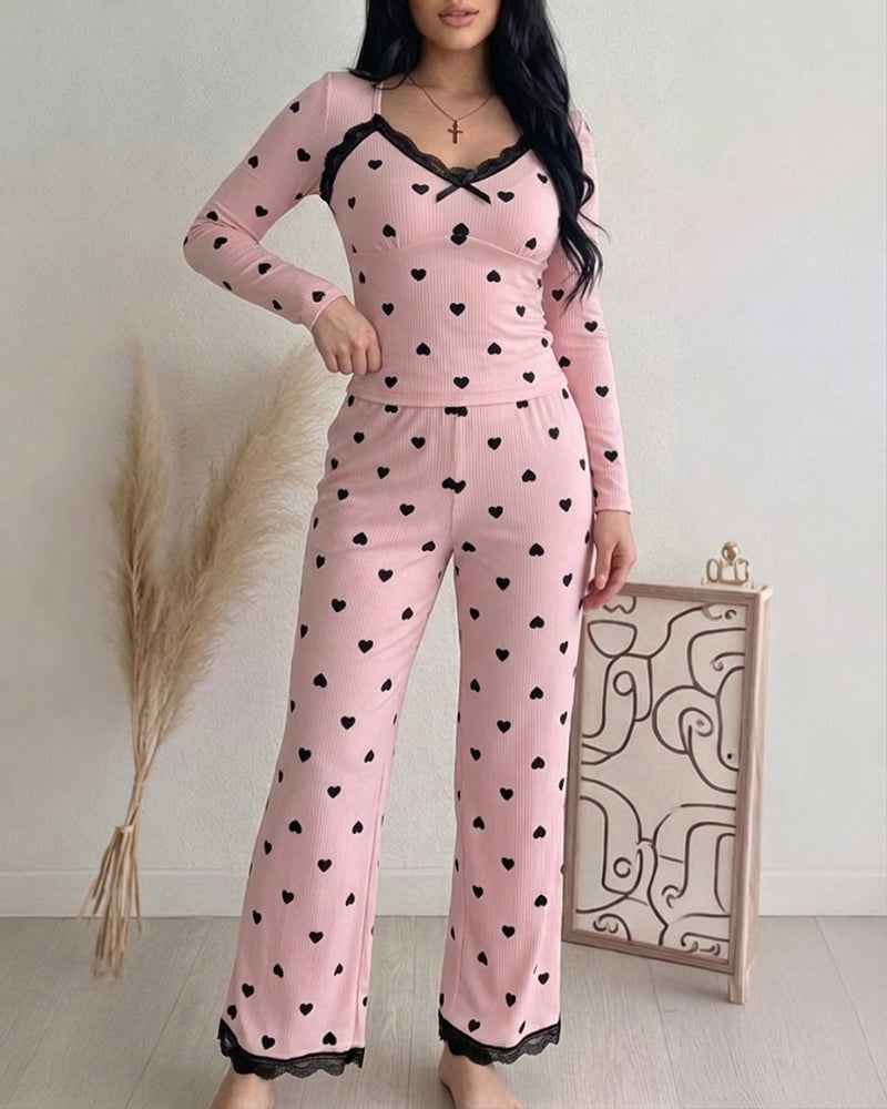 Women's Heart Print Lounge Set with Lace Trim | Cozy Home Comfort - Jamota