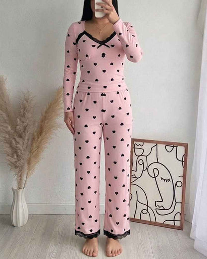 Women's Heart Print Lounge Set with Lace Trim | Cozy Home Comfort - Jamota
