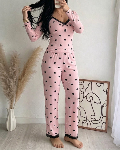 Women's Heart Print Lounge Set with Lace Trim | Cozy Home Comfort - Jamota