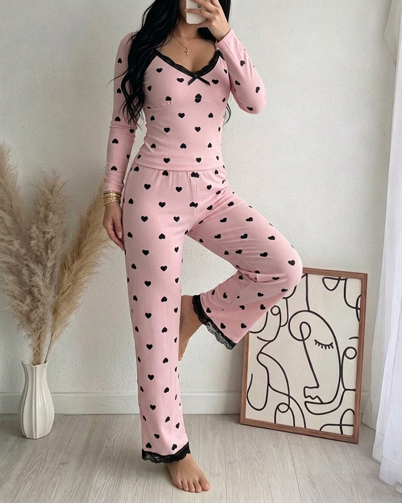 Women's Heart Print Lounge Set with Lace Trim | Cozy Home Comfort - Jamota