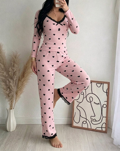 Women's Heart Print Lounge Set with Lace Trim | Cozy Home Comfort - Jamota