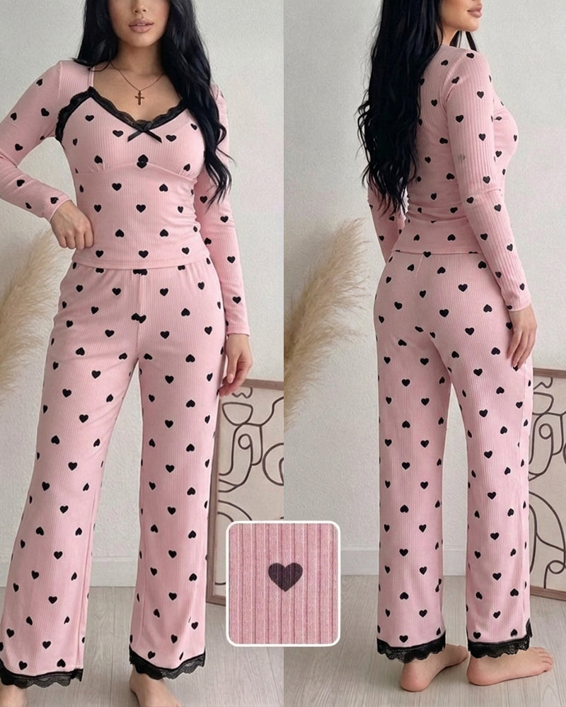 Women's Heart Print Lounge Set with Lace Trim | Cozy Home Comfort - Jamota