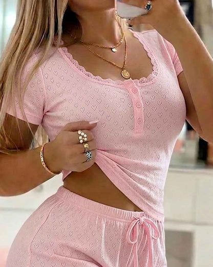 Chic Heart Pajama Set | Lace Trim & Soft Stretch Fabric for Comfort