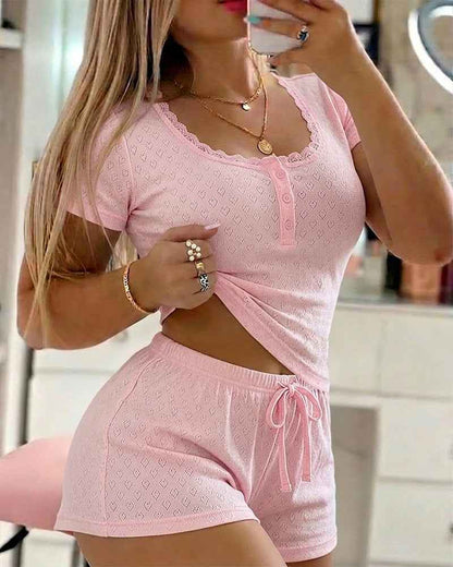Chic Heart Pajama Set | Lace Trim & Soft Stretch Fabric for Comfort