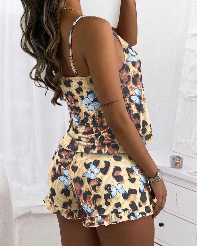Chic Leopard Butterfly Pajama Set with Soft Ribbed Fabric & Elegant De