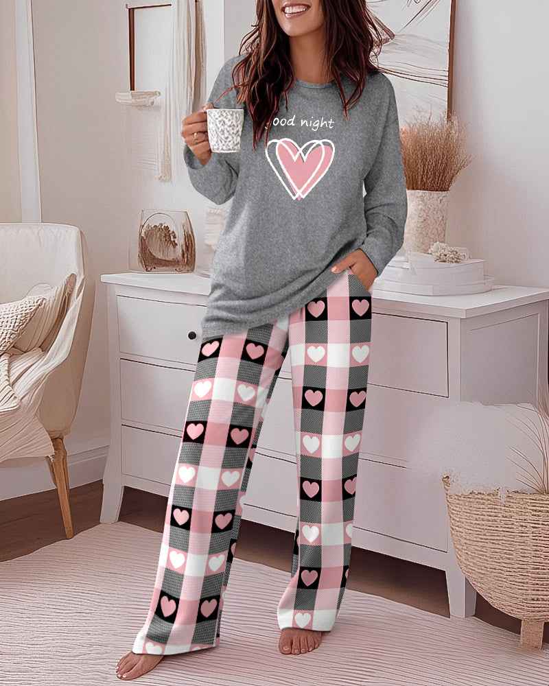 Cozy Heart Print Pajama Set for Women | Soft Sleepwear & Plaid Pants - Jamota