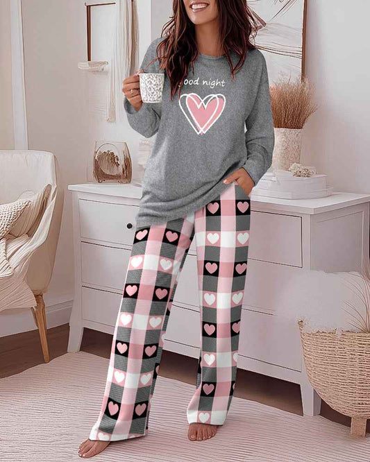 Cozy Heart Print Pajama Set for Women | Soft Sleepwear & Plaid Pants - Jamota