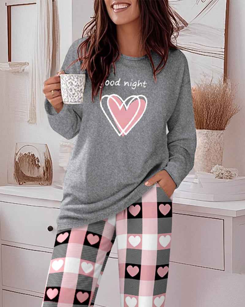 Cozy Heart Print Pajama Set for Women | Soft Sleepwear & Plaid Pants - Jamota