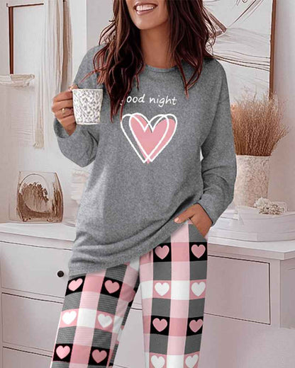 Cozy Heart Print Pajama Set for Women | Soft Sleepwear & Plaid Pants - Jamota