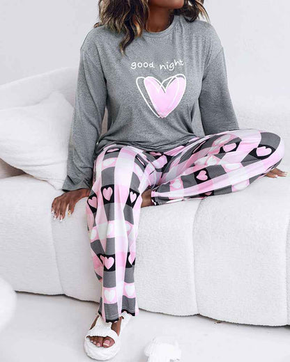 Cozy Heart Print Pajama Set for Women | Soft Sleepwear & Plaid Pants - Jamota