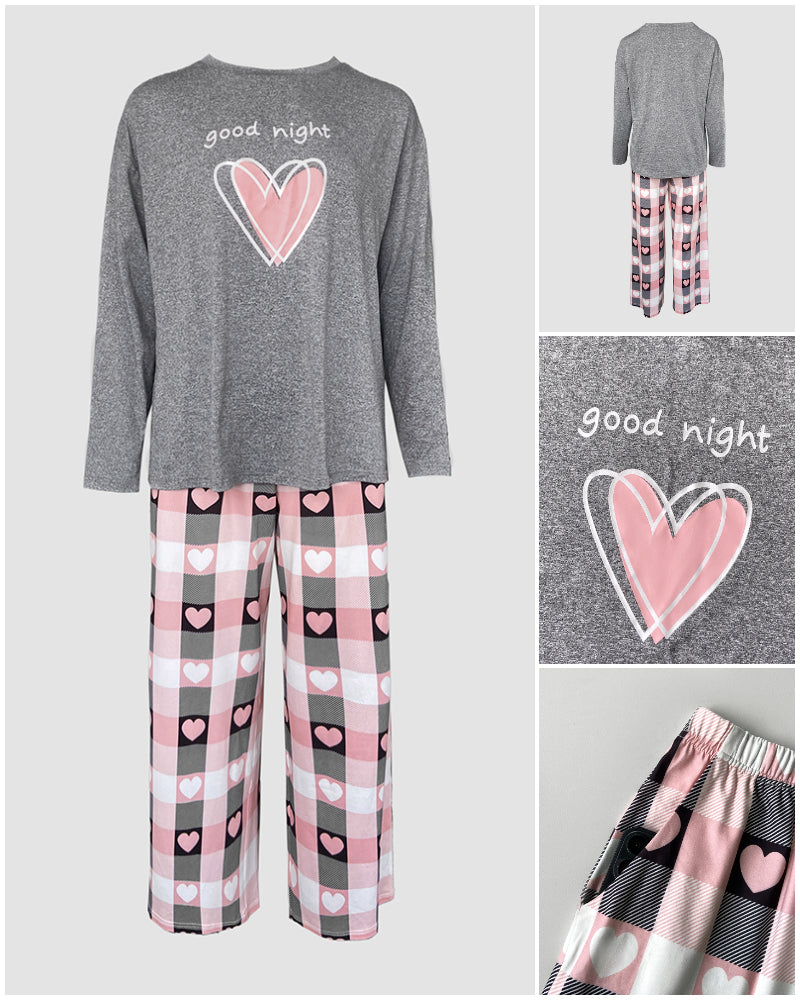 Cozy Heart Print Pajama Set for Women | Soft Sleepwear & Plaid Pants - Jamota