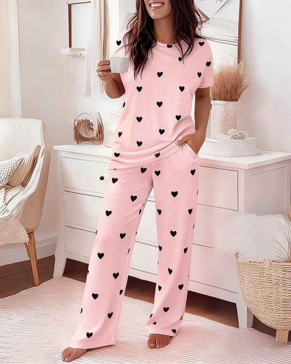 Cozy Heart Print Pajama Set | Soft Top & Elastic Waist Pants - Jamota