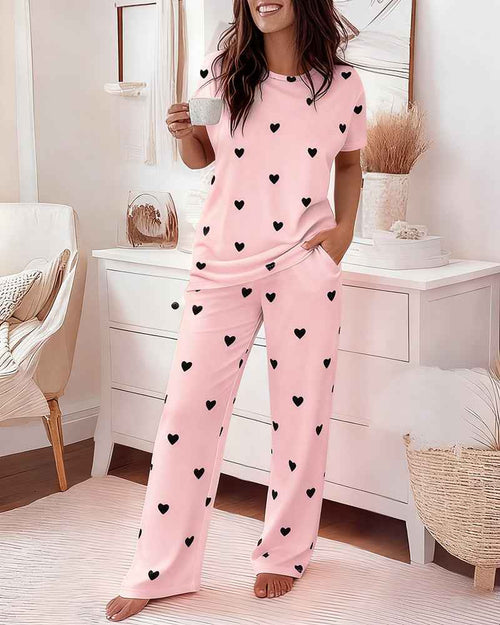 Cozy Heart Print Pajama Set | Soft Top & Elastic Waist Pants - Jamota