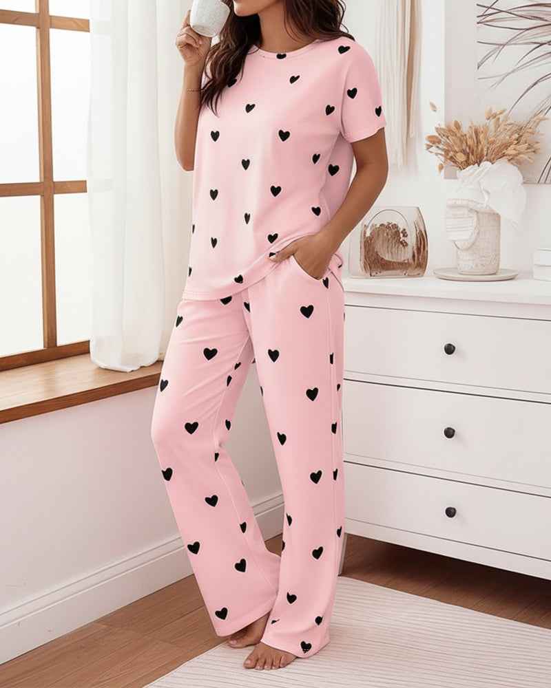 Cozy Heart Print Pajama Set | Soft Top & Elastic Waist Pants - Jamota