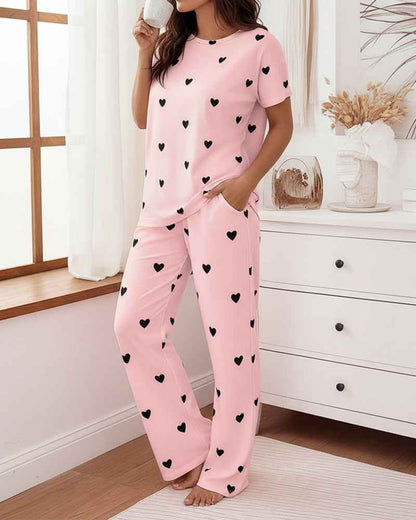 Cozy Heart Print Pajama Set | Soft Top & Elastic Waist Pants - Jamota