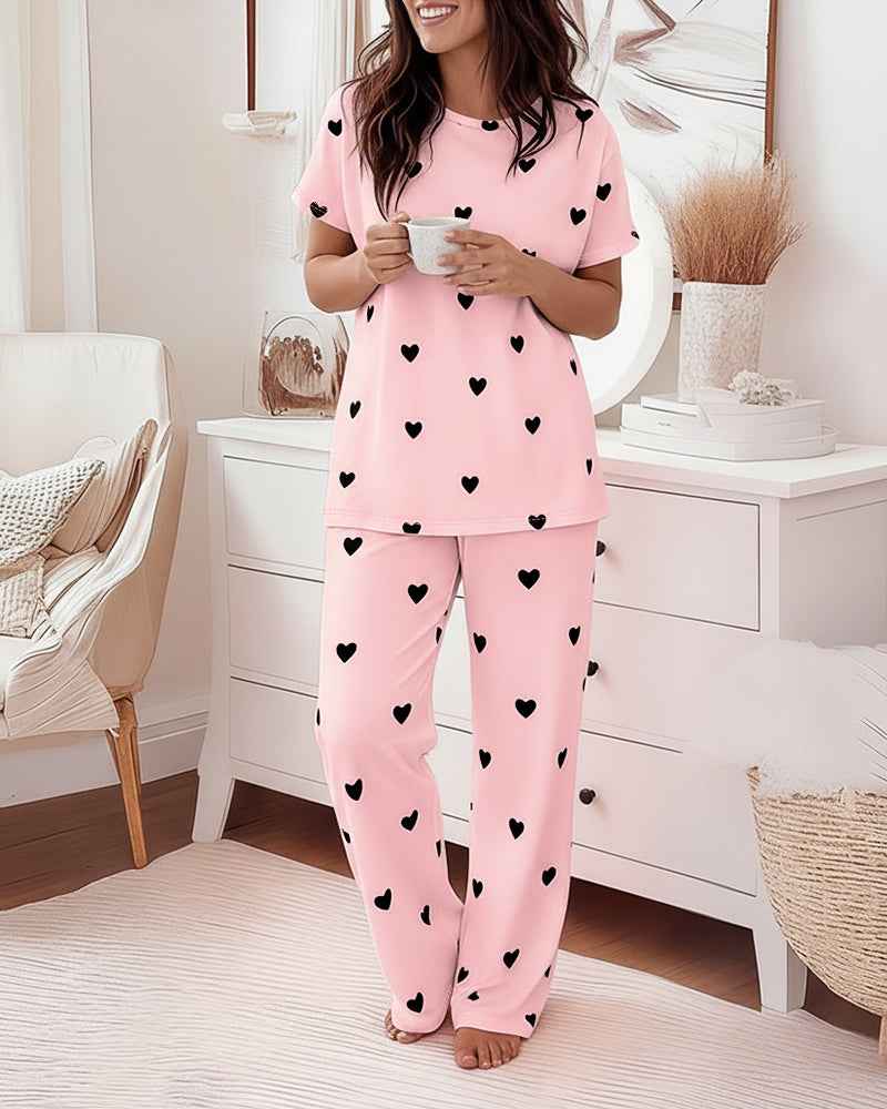 Cozy Heart Print Pajama Set | Soft Top & Elastic Waist Pants - Jamota