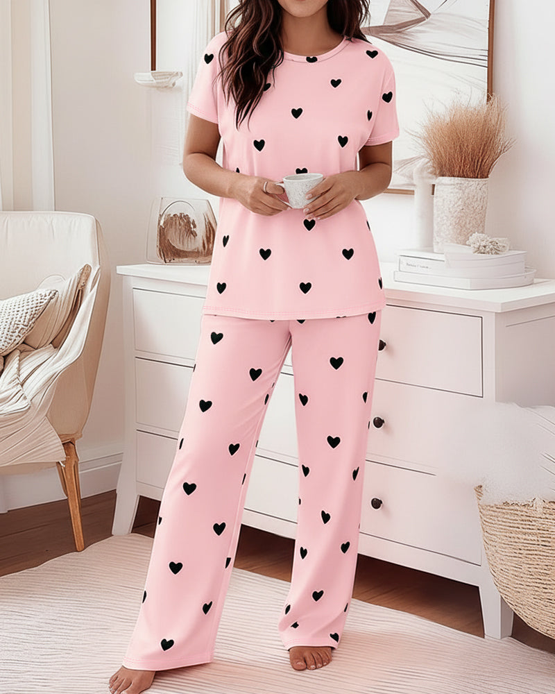 Cozy Heart Print Pajama Set | Soft Top & Elastic Waist Pants - Jamota