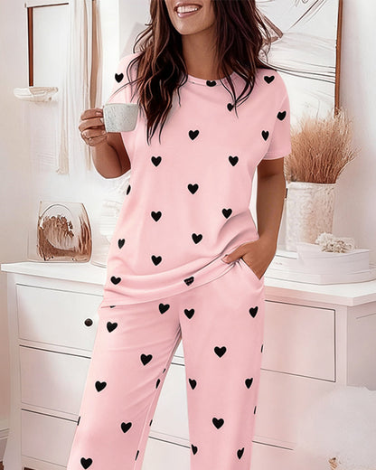Cozy Heart Print Pajama Set | Soft Top & Elastic Waist Pants - Jamota