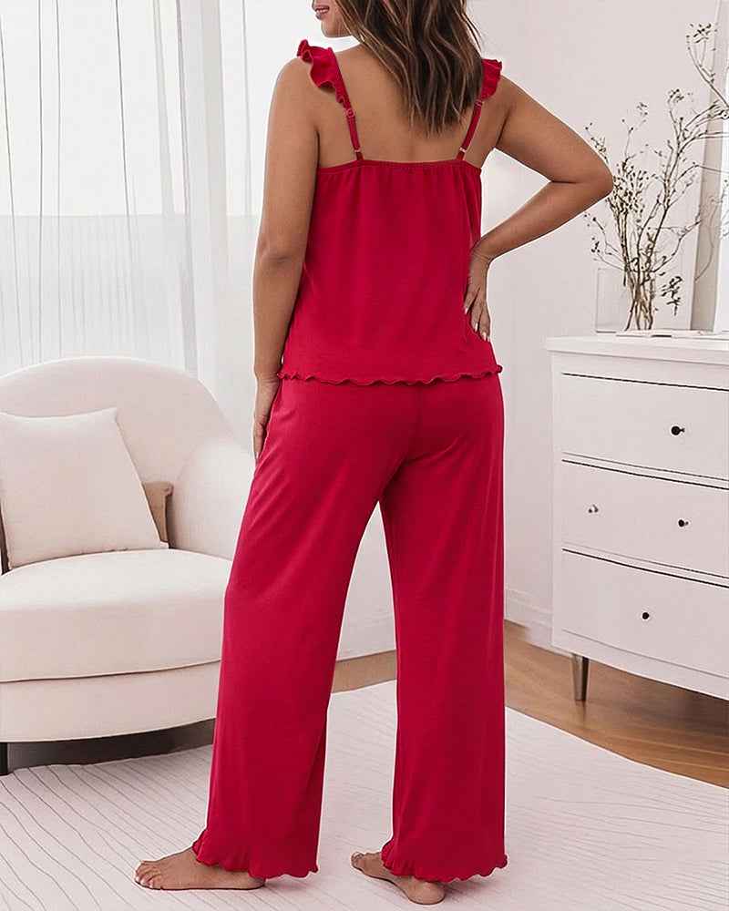 Women's Frill Trim Pajama Set with Pockets | Soft & Comfortable Sleepw - Jamota