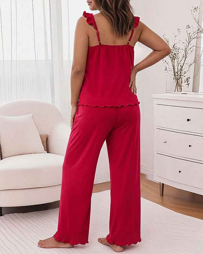 Women's Frill Trim Pajama Set with Pockets | Soft & Comfortable Sleepw - Jamota