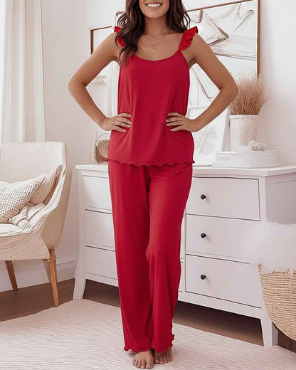 Women's Frill Trim Pajama Set with Pockets | Soft & Comfortable Sleepw - Jamota