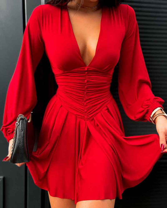 Stylish Flowy A-Line Party Dress with Elegant Sleeves & Pockets - Jamota