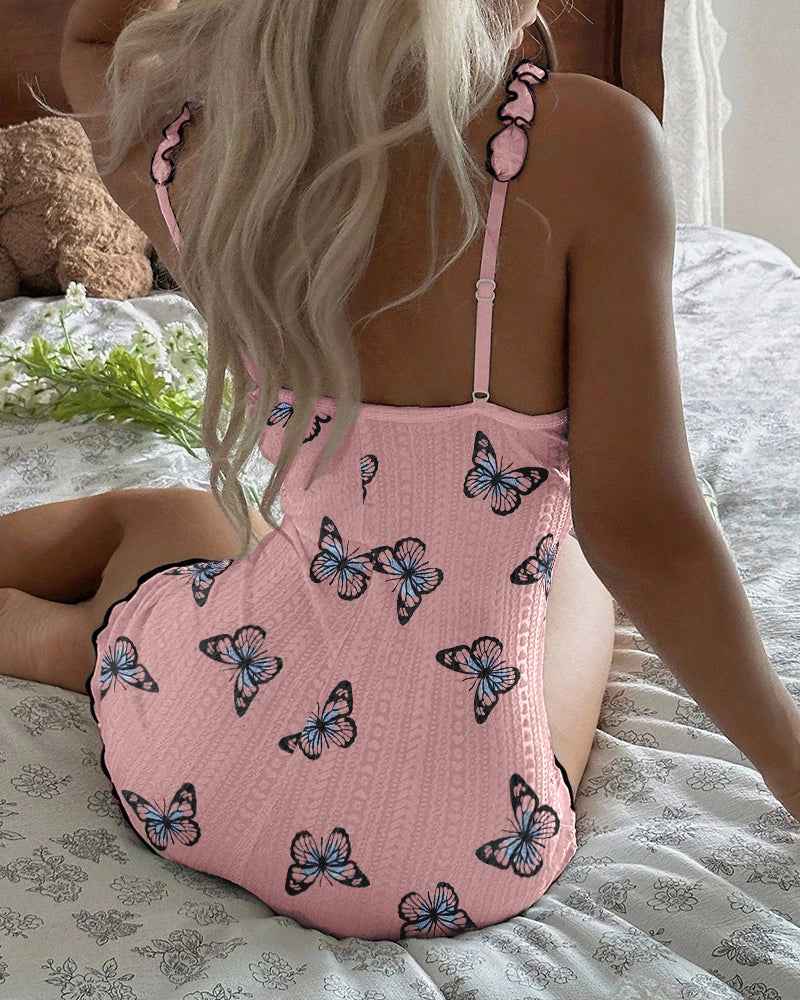 Elegant Butterfly Print Pajama Romper | Soft Jacquard & Adjustable Str