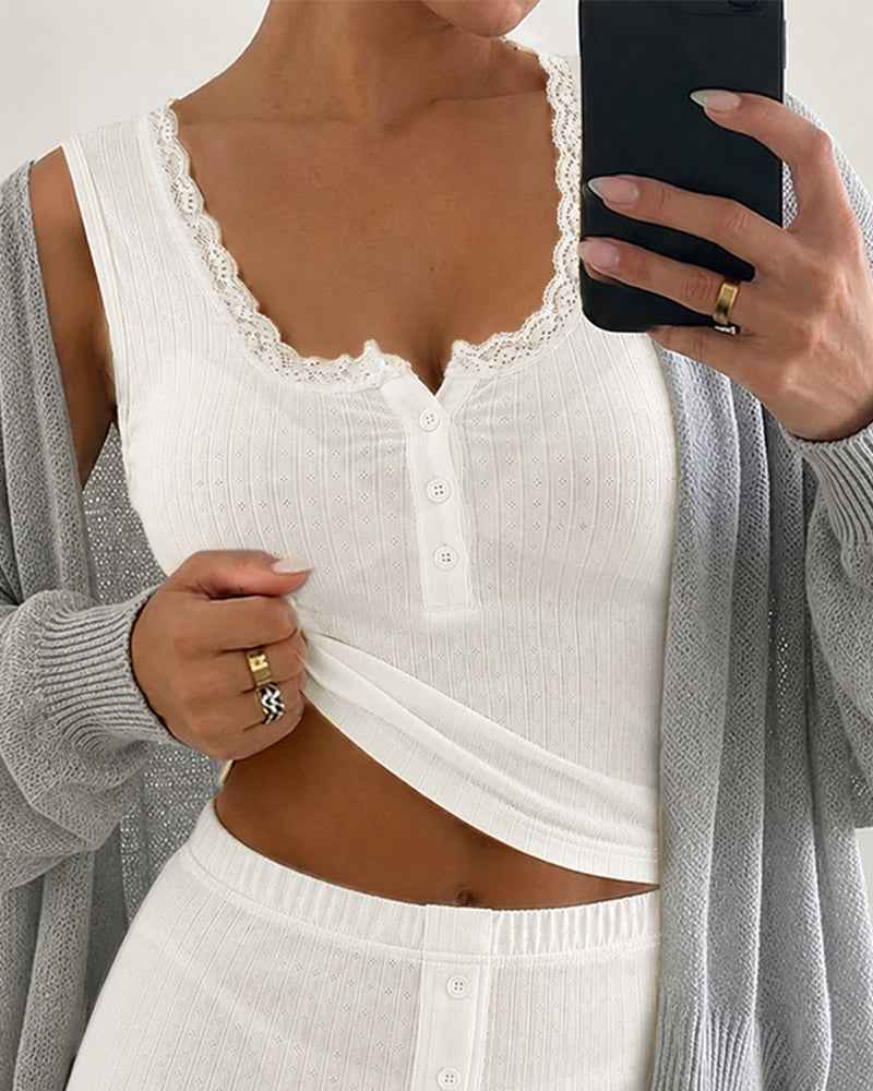 Elegant Women's Loungewear Set | Lace Trim & Soft Breathable Fabric - Jamota