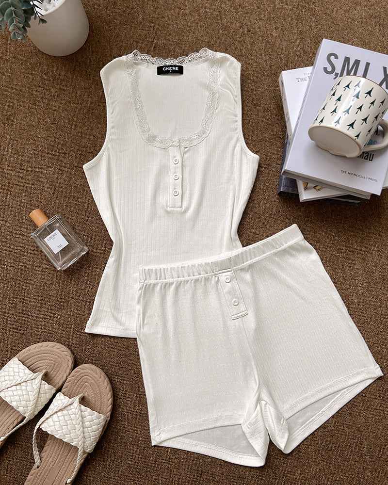 Elegant Women's Loungewear Set | Lace Trim & Soft Breathable Fabric - Jamota