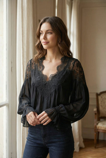 Elegant Airy Lace Collar Blouse - Professional Fit, Breathable Fabric - Jamota