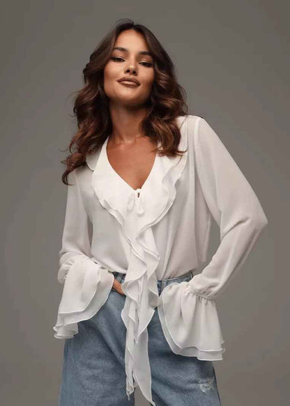 Elegant Ruffled Chiffon Blouse with Short Sleeves & Lightweight Fabric - Jamota