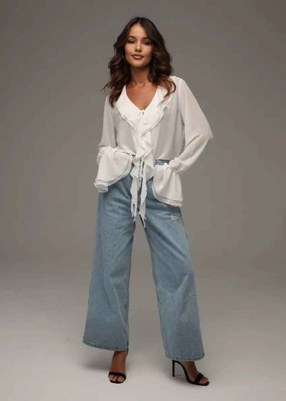 Elegant Ruffled Chiffon Blouse with Short Sleeves & Lightweight Fabric - Jamota