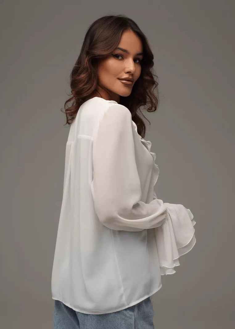 Elegant Ruffled Chiffon Blouse with Short Sleeves & Lightweight Fabric - Jamota