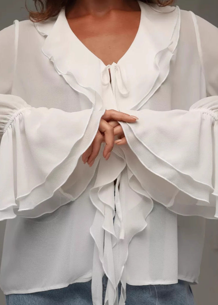 Elegant Ruffled Chiffon Blouse with Short Sleeves & Lightweight Fabric - Jamota