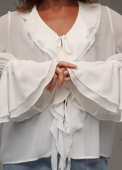 Elegant Ruffled Chiffon Blouse with Short Sleeves & Lightweight Fabric - Jamota