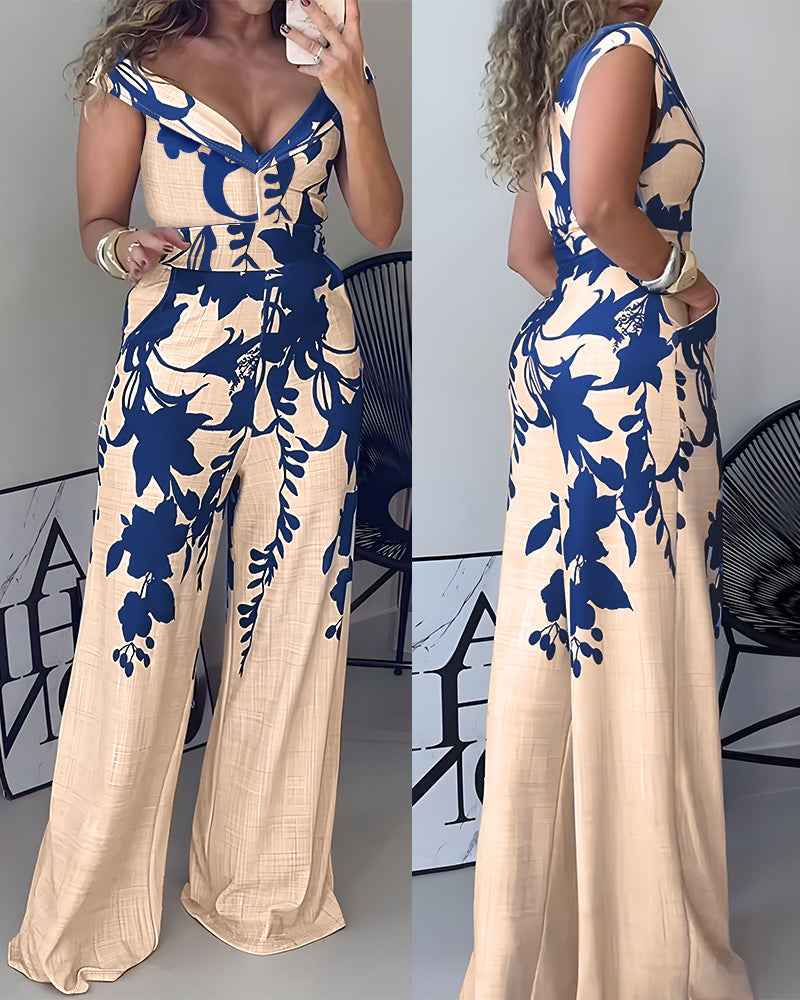 Elegant Floral Wide-Leg Jumpsuit with Pockets and Adjustable Straps - Jamota