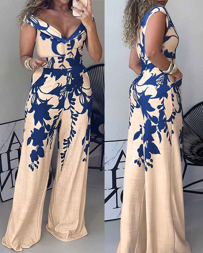 Elegant Floral Wide-Leg Jumpsuit with Pockets and Adjustable Straps - Jamota